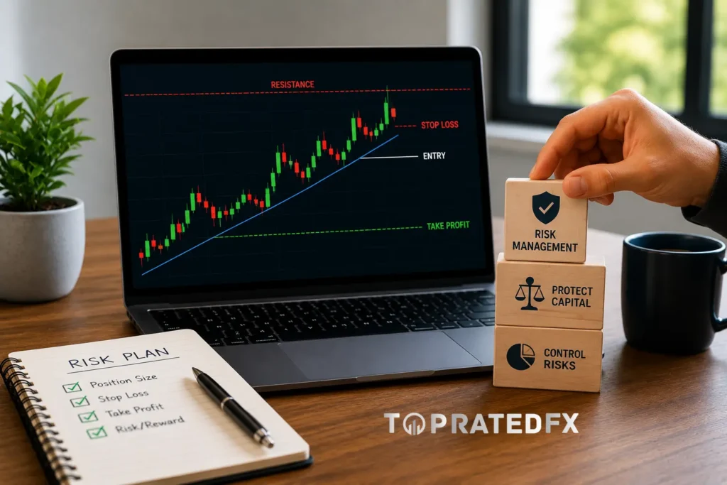 Forex risk management for beginners showing stop loss take profit position sizing and capital protection