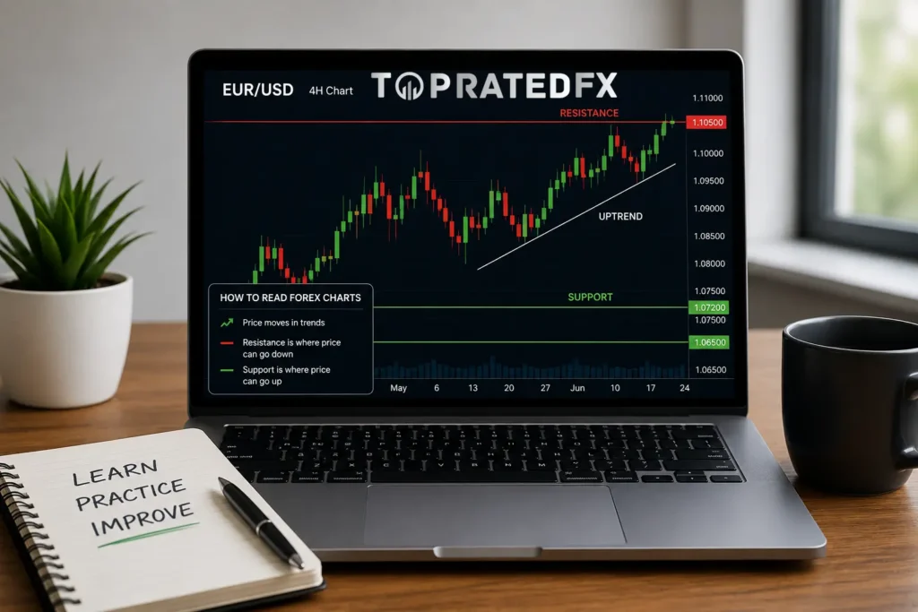 Forex chart showing candlestick patterns trend line support and resistance levels for beginners